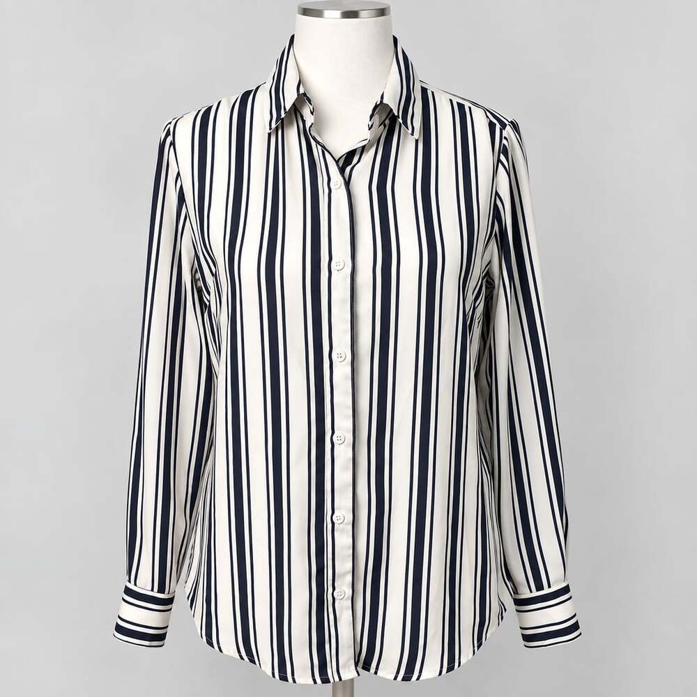 Banana Republic XS Petite Striped Button Front Blouse Navy White Classic Fit